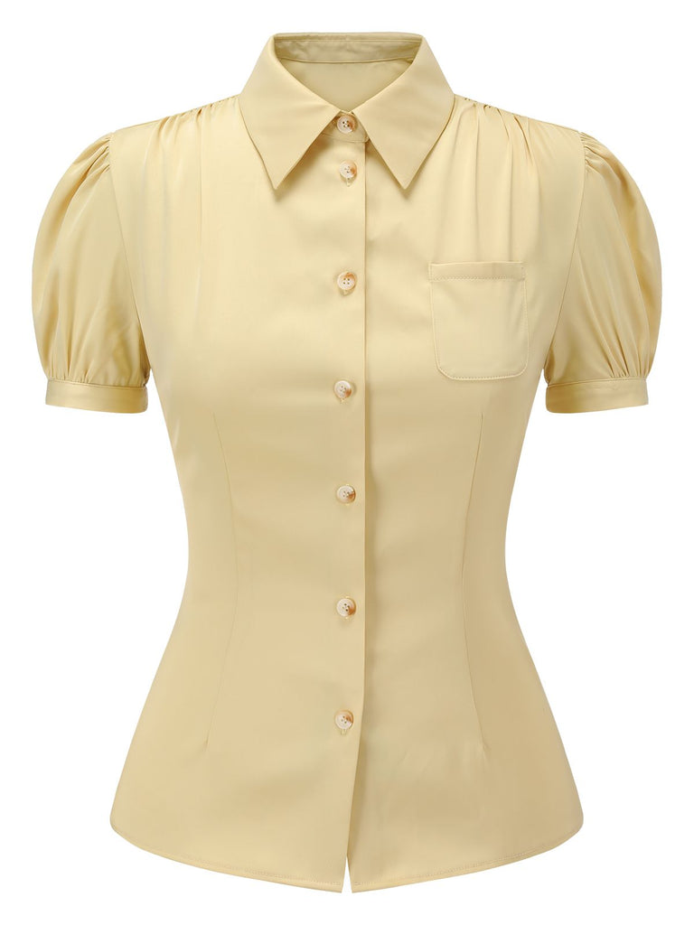 Yellow 1940s Lapel Puff Sleeve Solid Blouse — vintage elegance for the modern woman