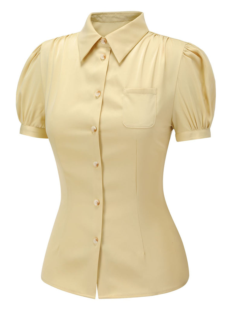 Yellow 1940s Lapel Puff Sleeve Solid Blouse: timeless style reimagined