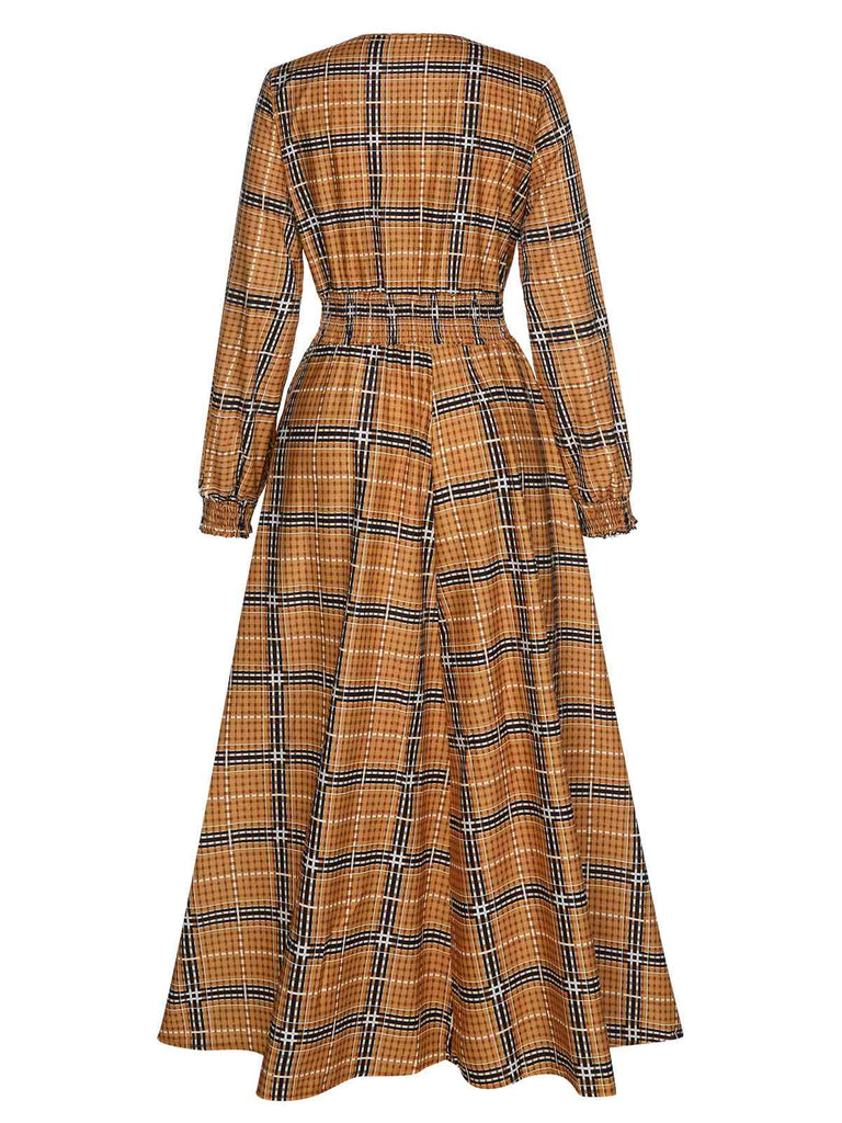 [Pre-Sale] Yellow 1940s Plaid Smocked Lace-Up Dress, vintage dress, retro fashion, lace detail - perfect for women who love vintage and retro fashion