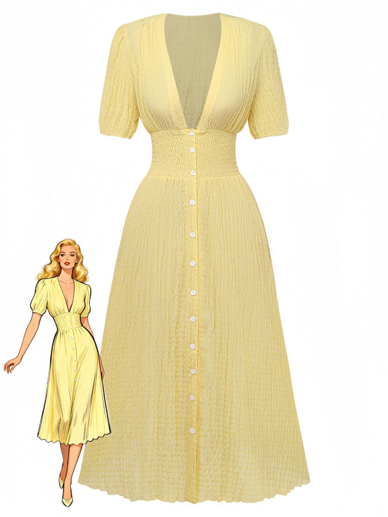 Women's Deep V-Neck Puff Sleeve Button-Down Smocked Midi Dress Yellow