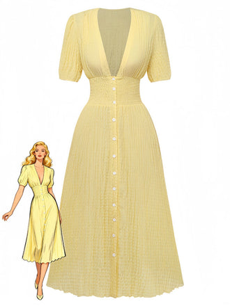 Yellow 1940s Puff Sleeve Button-Down Midi Dress - vintage dress, retro fashion