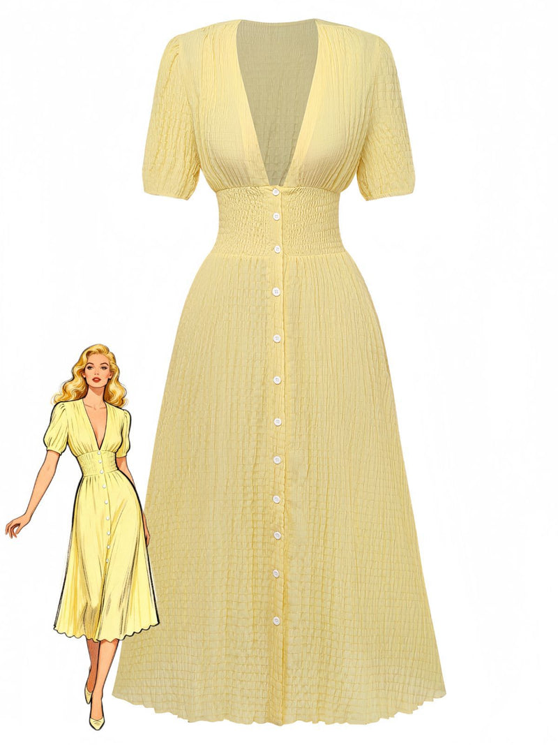 ワンピース 1940-50s Yellow french sleeve dress Yellow-1940s-Puff-Sleeve-