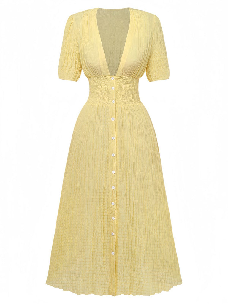 knee length dresses for ladies Women's Deep V-Neck Puff Sleeve Button-Down Smocked Midi Dress Yellow