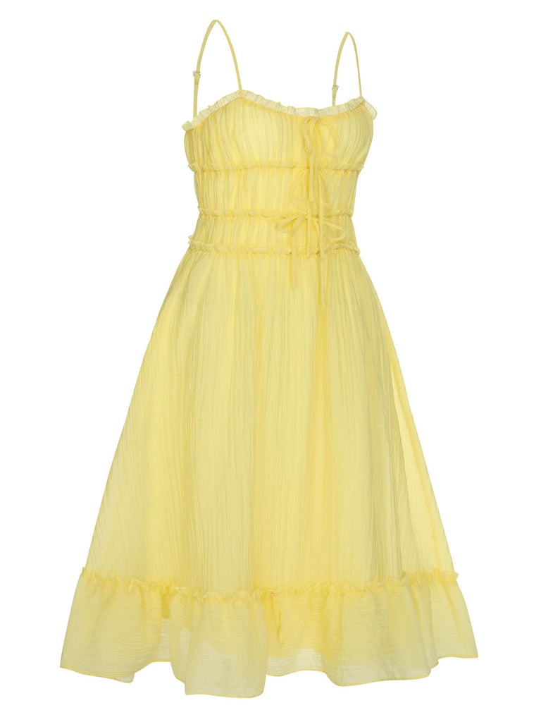Yellow 1940s Spaghetti Strap Ruffle Hem Dress, vintage dress, retro fashion - perfect for women who love vintage and retro fashion