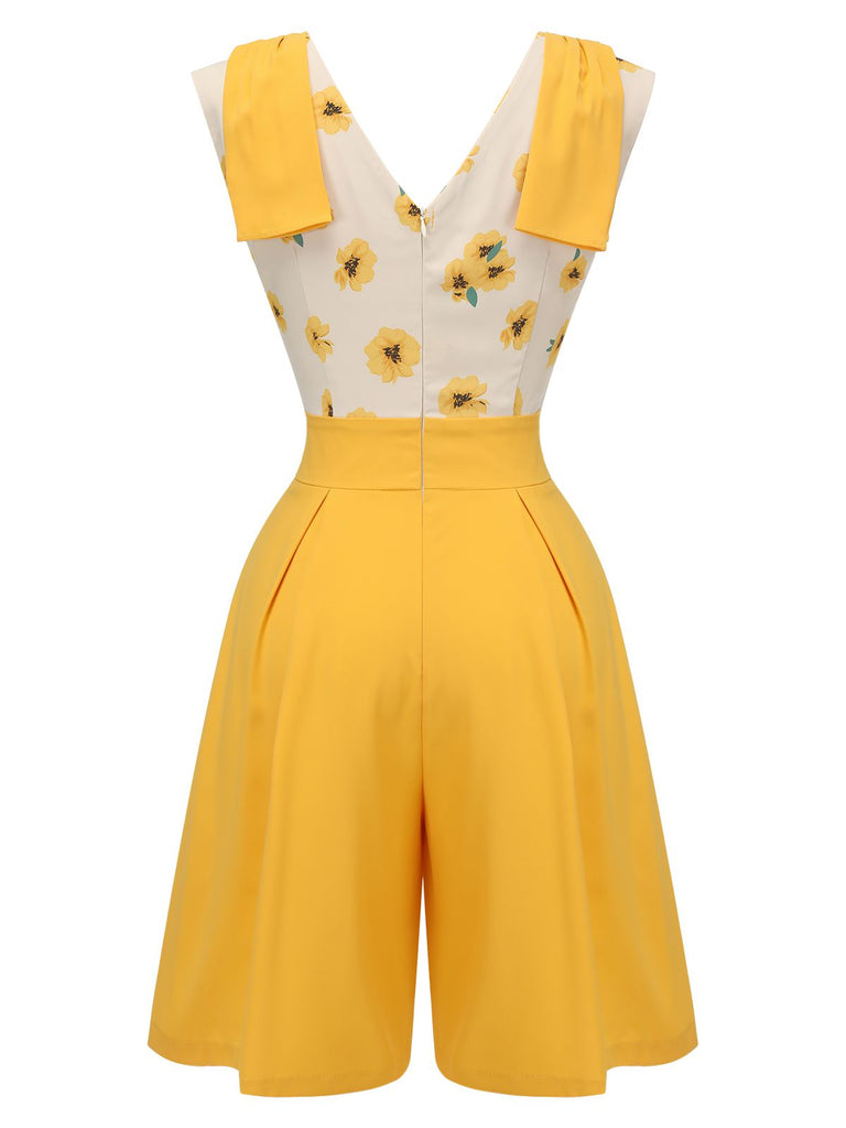 Yellow 1940s V-Neck Sunflower Patchwork Jumpsuit — vintage elegance for the modern woman