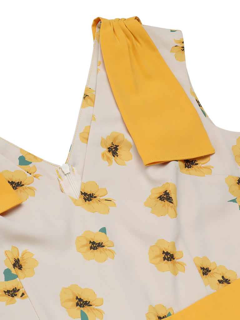 Yellow 1940s V-Neck Sunflower Patchwork Jumpsuit: timeless style reimagined