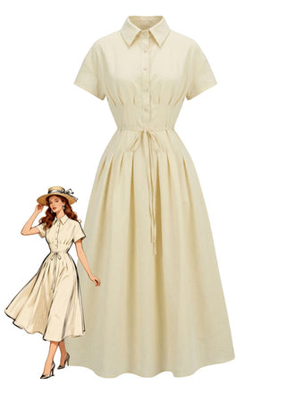 She slips into this Yellow 1940s Waist-Tie Button Shirt Collar Dress and suddenly it's a 1940s daydream