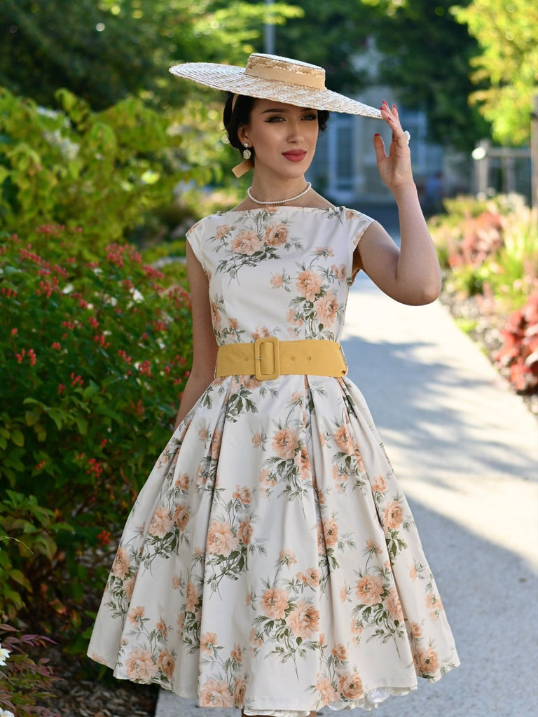 Yellow 1950s Boat Neck Antique Floral Dress | Retro Stage Yellow 1950s Boat Neck Antique Floral Dress | Retro Stage