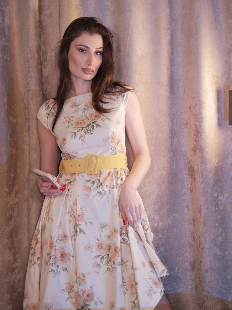 Yellow 1950s Boat Neck Antique Floral Dress - vintage dress, retro fashion, rockabilly