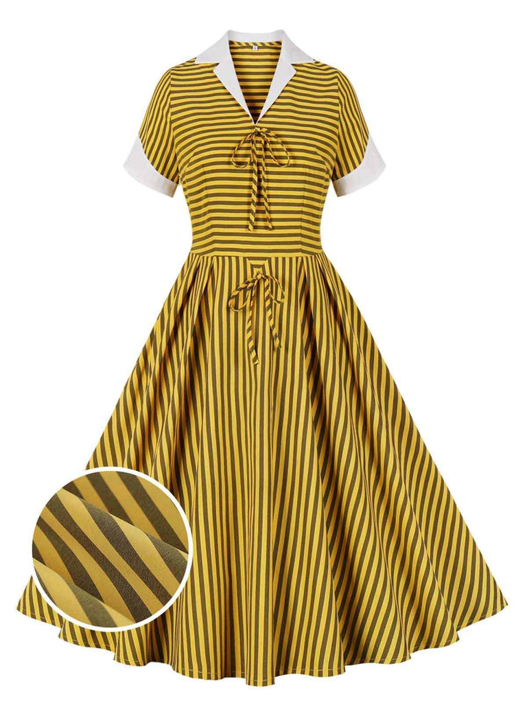 She slips into this Yellow 1950s Bow Striped Swing Dress and suddenly it's a 1950s daydream