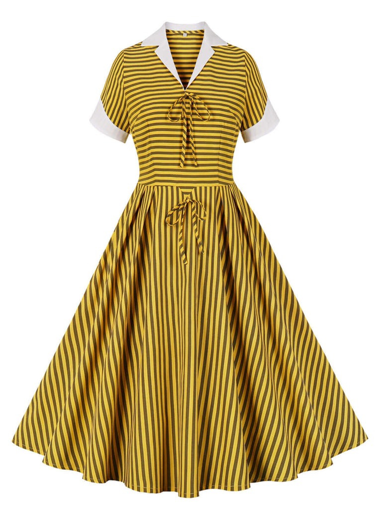 Yellow 1950s Bow Striped Swing Dress: where 1950s romance meets her modern spirit