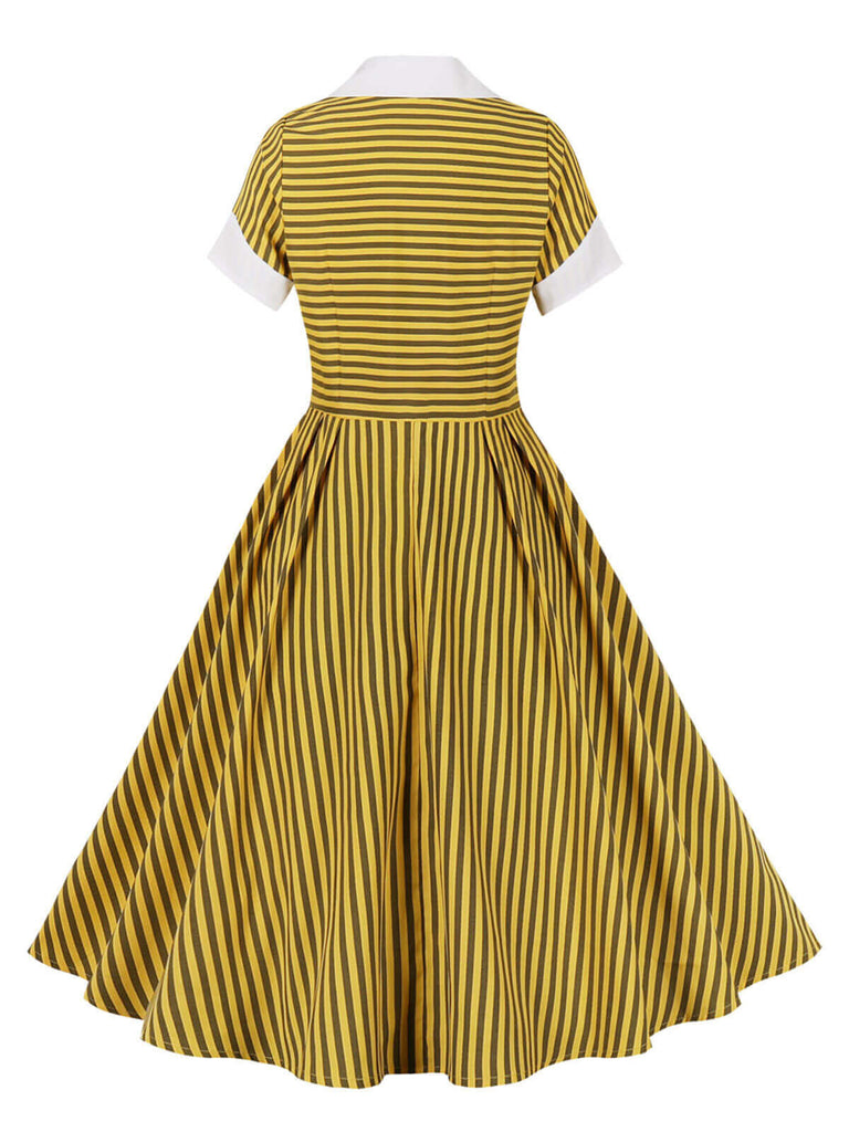 This Yellow 1950s Bow Striped Swing Dress wraps her in 1950s elegance, one twirl at a time