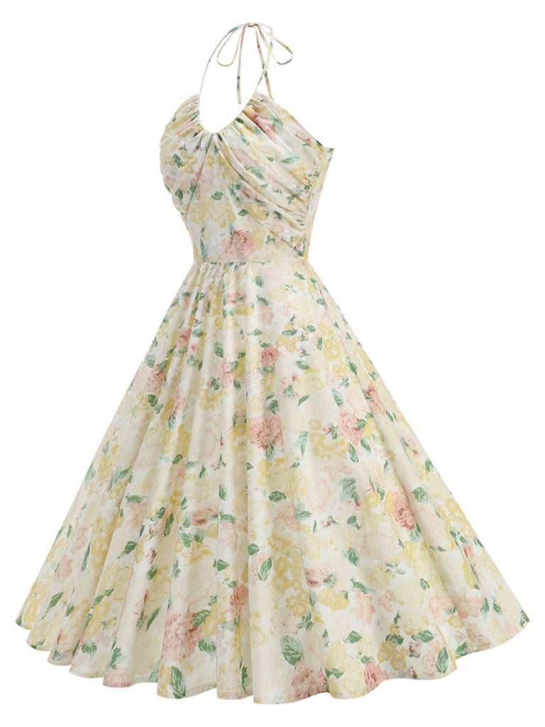 [Pre-Sale] Yellow 1950s Cotton Halter Floral Print Dress, vintage dress, retro fashion, rockabilly, pin-up fashion - perfect for women who love vintage and retro fashion