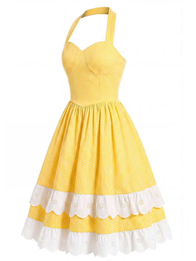 [Pre-Sale] Yellow 1950s Cotton Halter Polka Dot Bow Tiered Dress, vintage dress, retro fashion, rockabilly, pin-up fashion - perfect for women who love vintage and retro fashion