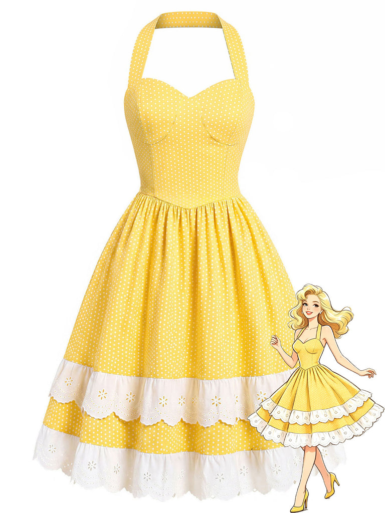 [Pre-Sale] Yellow 1950s Cotton Halter Polka Dot Bow Tiered Dress, vintage dress, retro fashion, rockabilly, pin-up fashion - perfect for women who love vintage and retro fashion