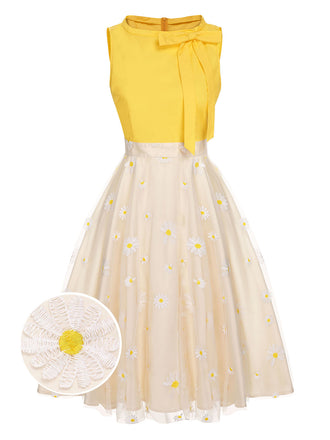 Yellow 1950s Daisy Bowtie Patchwork Dress, vintage dress, retro fashion, rockabilly, pin-up fashion - perfect for women who love vintage and retro fashion