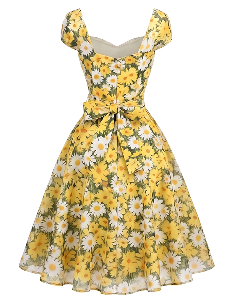 yellow retro dress Fashion Ruffled Square Neckline Vintage with Self-tie Sash and a Retro Stage look that feels ready for real plans Classic Vintage Dresses, Pin Up