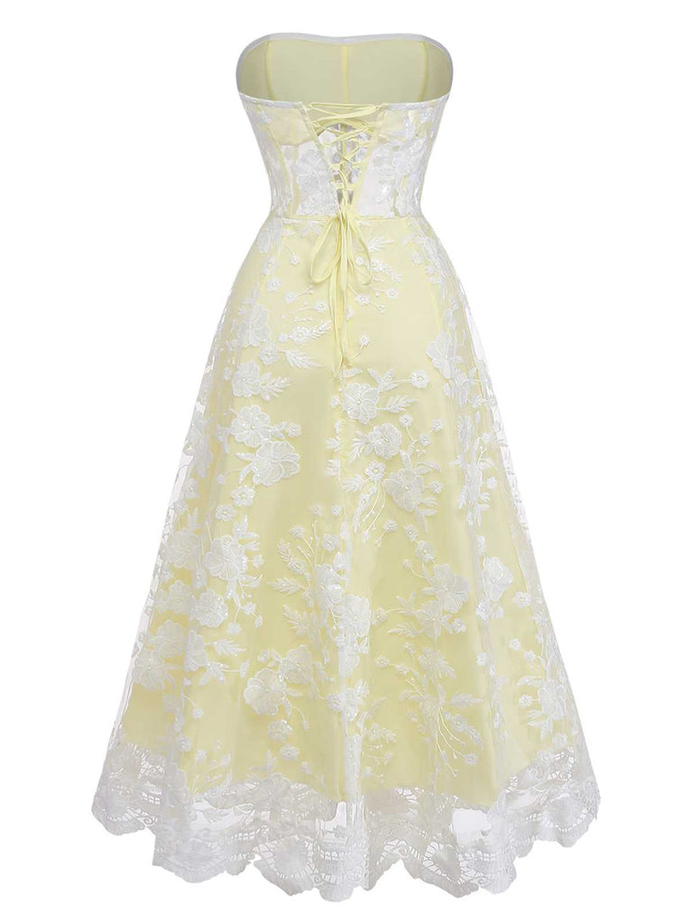 Yellow 1950s Floral Embroidery Lace Sheer Strapless Dress | vintage dress, retro fashion, elegant style - perfect for retro fashion enthusiasts