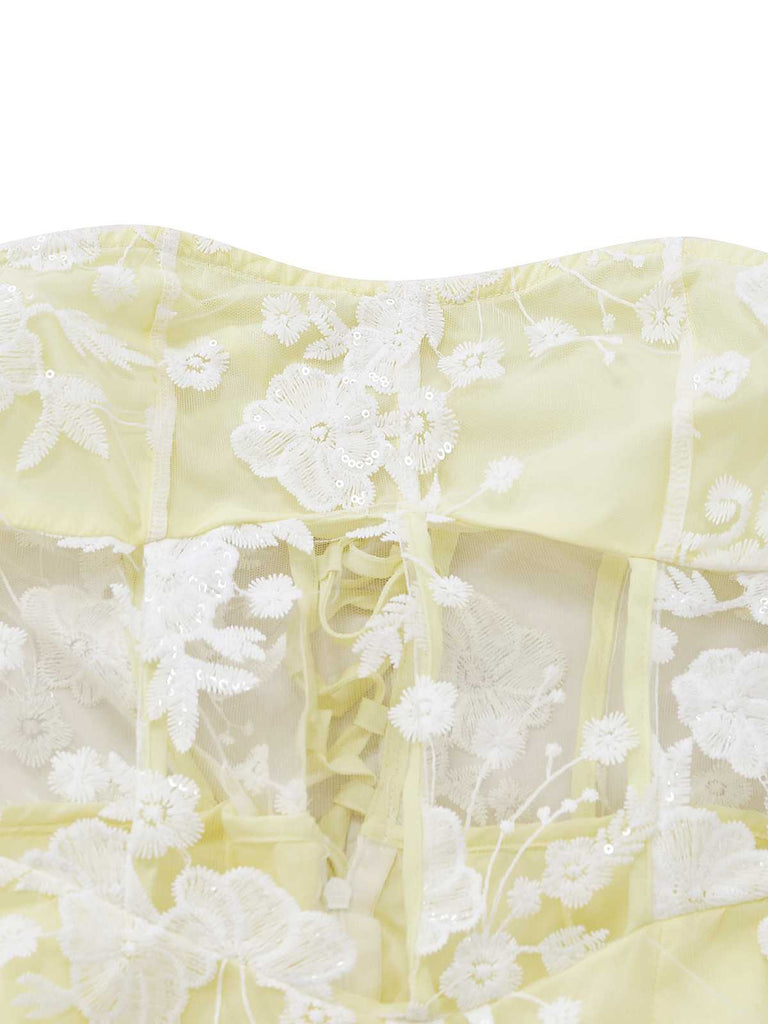 Yellow 1950s Floral Embroidery Lace Sheer Strapless Dress - vintage dress, retro fashion, elegant style for vintage lovers