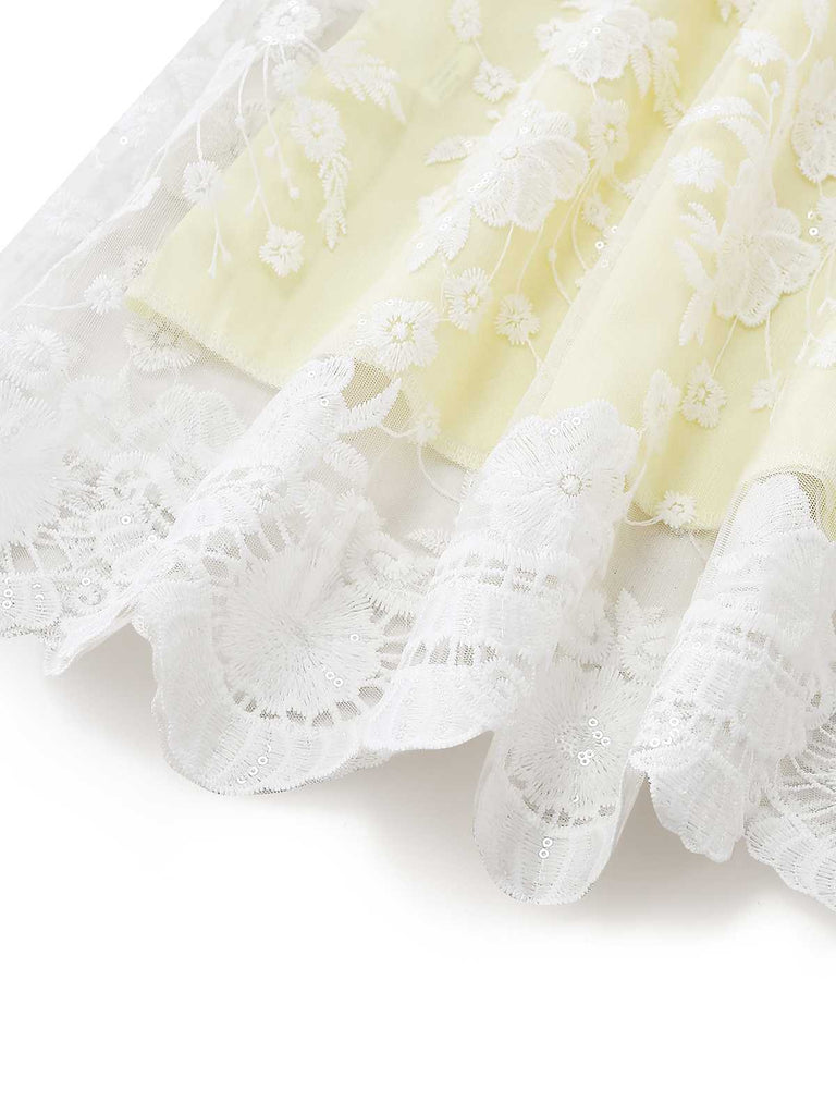 Yellow 1950s Floral Embroidery Lace Sheer Strapless Dress: beautiful vintage dress, retro fashion, elegant style with timeless appeal