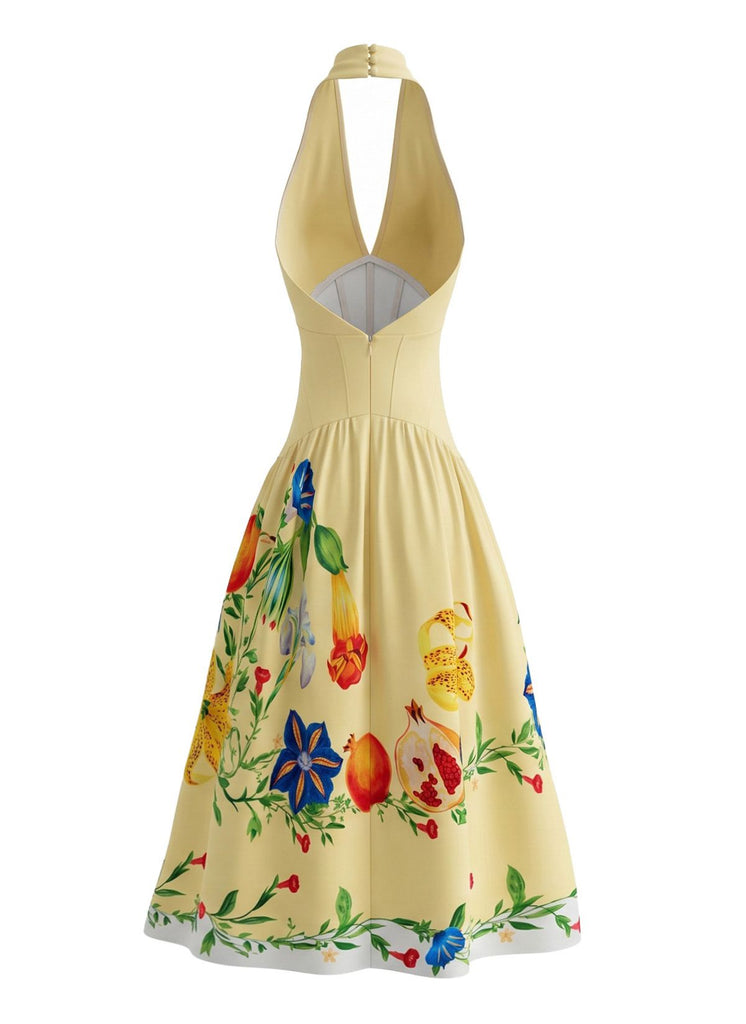 Yellow 1950s Halter Backless Floral Dress