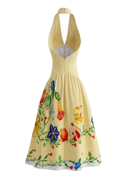 Yellow 1950s Halter Backless Floral Dress