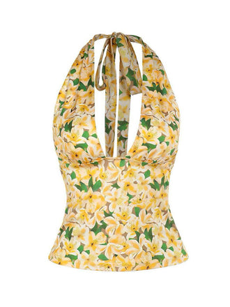 Yellow 1950s Halter Deep V-Neck Lily Top - vintage fashion, retro style