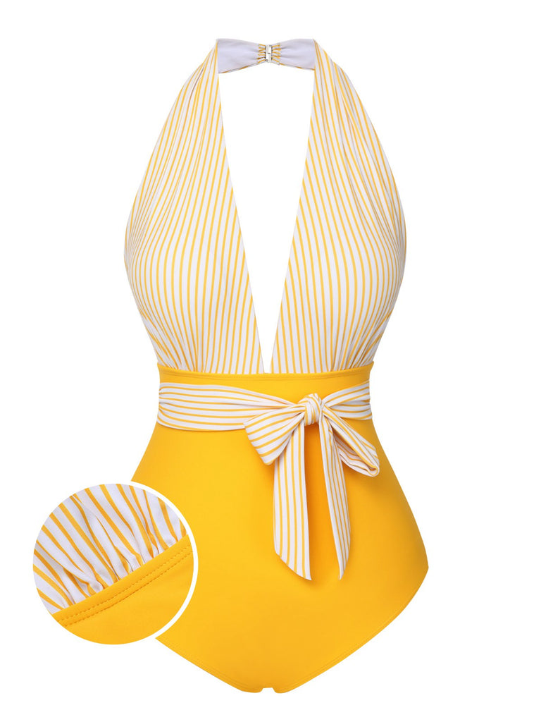 Yellow 1950s Halter Striped Patchwork Swimsuit, vintage swimsuit, pin-up swimwear - perfect for women who love vintage and retro fashion