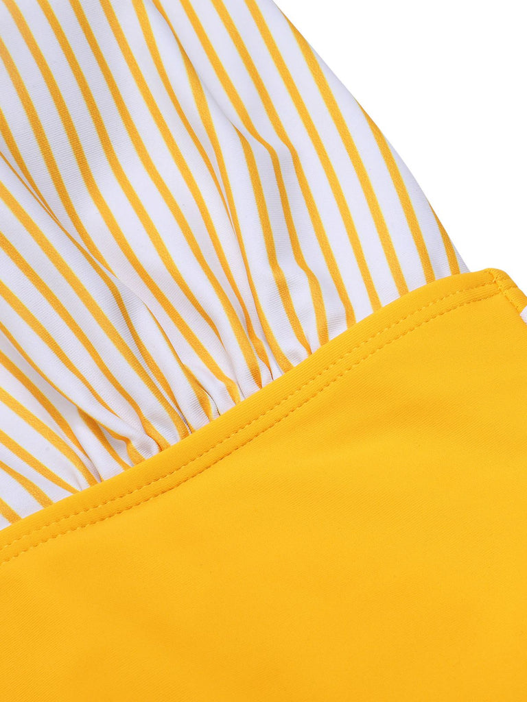 Yellow 1950s Halter Striped Patchwork Swimsuit, vintage swimsuit, pin-up swimwear - perfect for women who love vintage and retro fashion