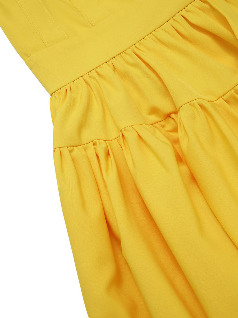 Yellow 1950s Heart Neck Bow-Strap Tiered Dress — the kind of 1950s dress that makes strangers smile