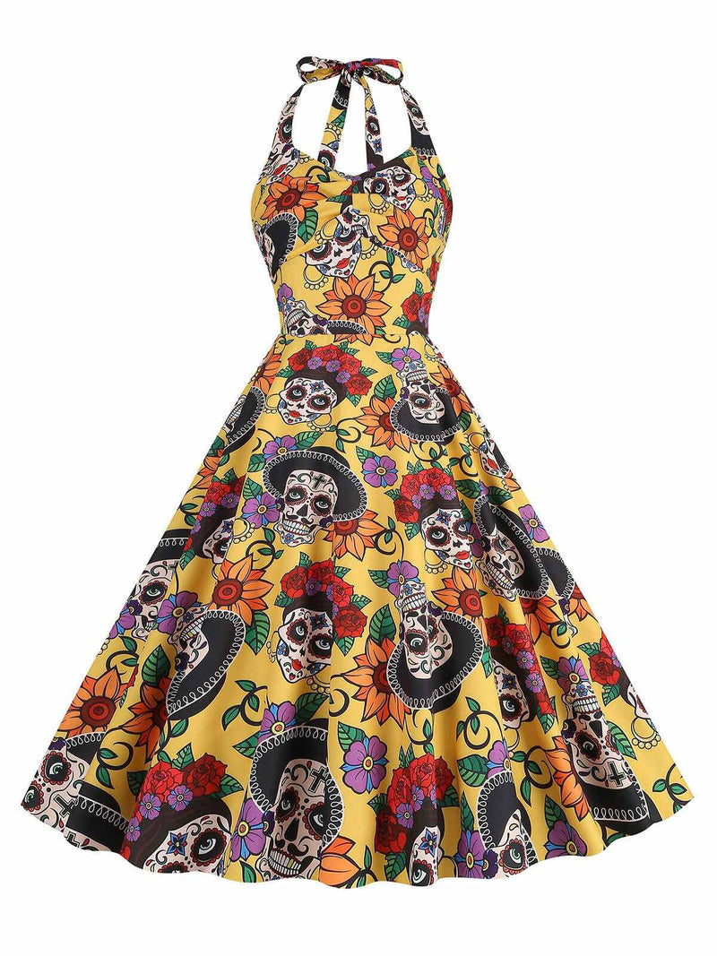 Pre-Sale] Yellow 1950s Hippie Skull Bow Halter Swing Dress