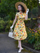 Yellow 1950s Hydrangea Floral Ruched Dress - vintage dress, retro fashion, rockabilly