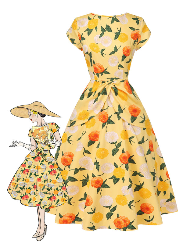 Retro Stage Vintage 1950s Yellow Floral Cap Sleeve Swing Midi Dress