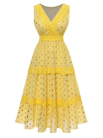 Yellow 1950s Lace Patchwork Polka Dots Dress, vintage dress, retro fashion, rockabilly, pin-up fashion - perfect for women who love vintage and retro fashion