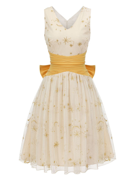 yellow white dress Retro Stage Bowkont Mesh Patchwork Cocktail Fall 2024 YJNXHN Women's Camouflage Sweetheart Magnolia Boutique Color:Blue/white