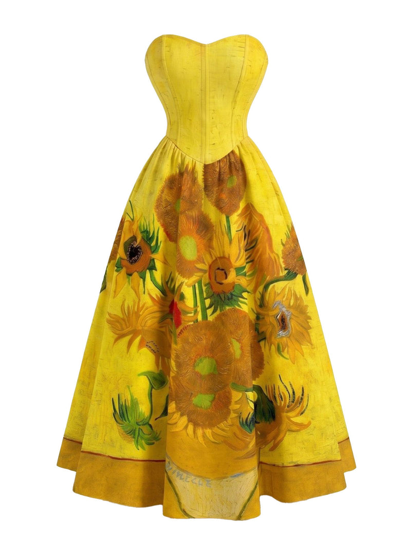 Pre-Sale] Yellow 1950s Strapless Sunflower Print Swing Dress