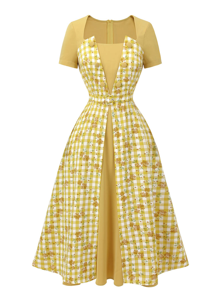 Yellow 1950s Plaid Rose Panel Raglan Dress, vintage dress, retro fashion, rockabilly, pin-up fashion - perfect for women who love vintage and retro fashion