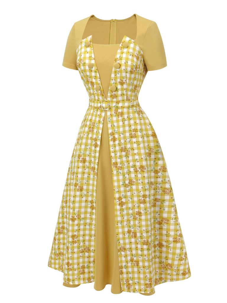 Yellow 1950s Plaid Rose Panel Raglan Dress, vintage dress, retro fashion, rockabilly, pin-up fashion - perfect for women who love vintage and retro fashion