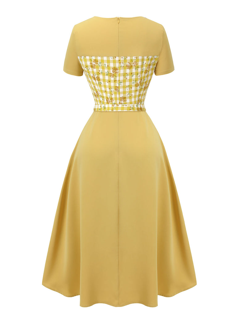 Yellow 1950s Plaid Rose Panel Raglan Dress, vintage dress, retro fashion, rockabilly, pin-up fashion - perfect for women who love vintage and retro fashion
