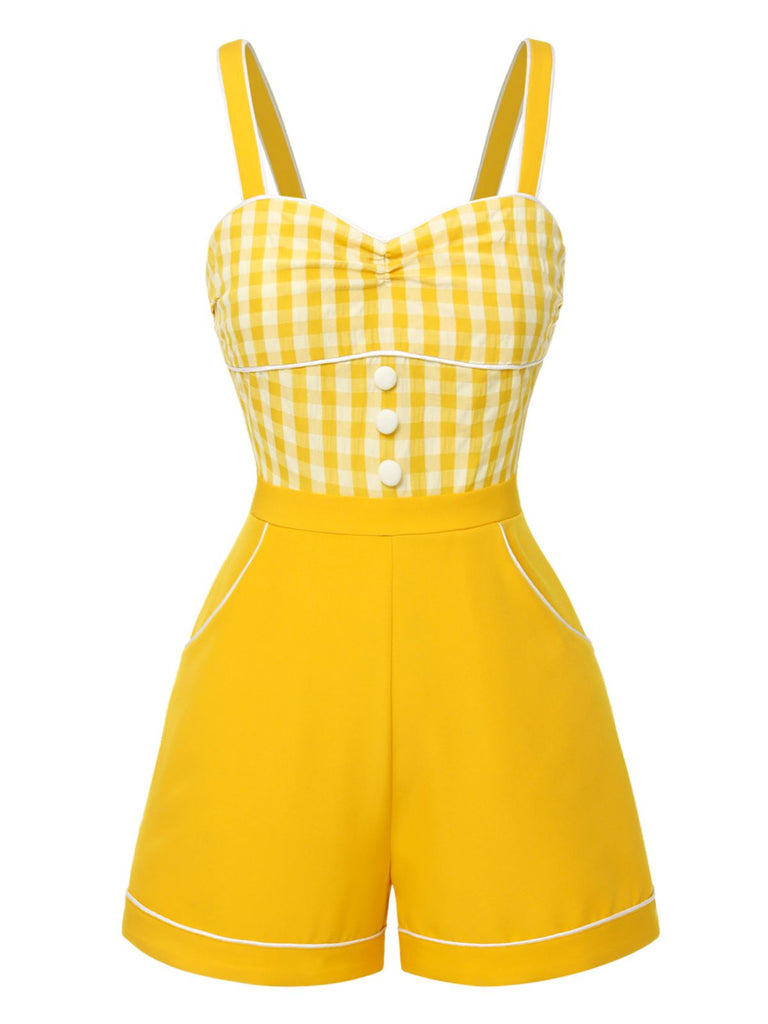 mustard yellow romper dress Retro Yellow Gingham Sweetheart Neck Romper