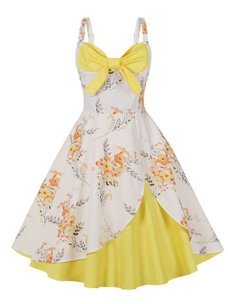 Yellow 1950s Strap Floral Patchwork Contrast Dress: timeless style reimagined
