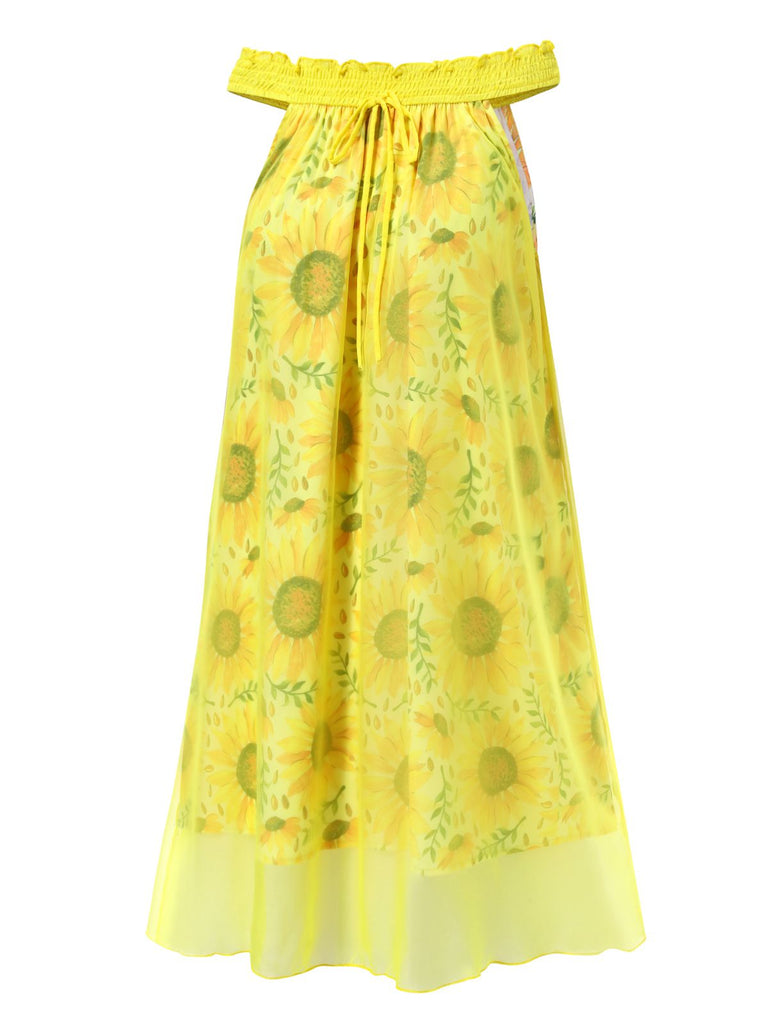 [Pre-Sale] Yellow 1950s Sunflower Boat Neck Tulle Nightdress, vintage dress, retro fashion, rockabilly, pin-up fashion - perfect for women who love vintage and retro fashion