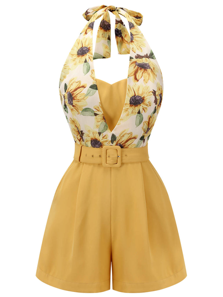 Back view: 1950s Yellow 1950s Sunflower Halter Romper, perfect for vintage themed parties and retro fashion enthusiasts