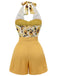 Close-up: 1950s Yellow 1950s Sunflower Halter Romper, perfect for vintage themed parties and retro fashion enthusiasts