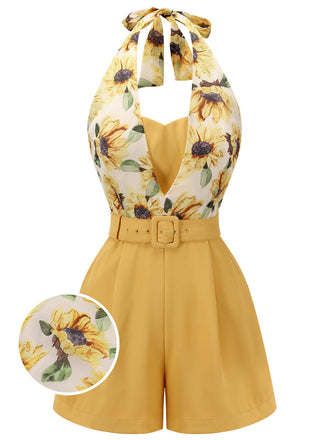 Front view: 1950s Yellow 1950s Sunflower Halter Romper, perfect for vintage themed parties and retro fashion enthusiasts