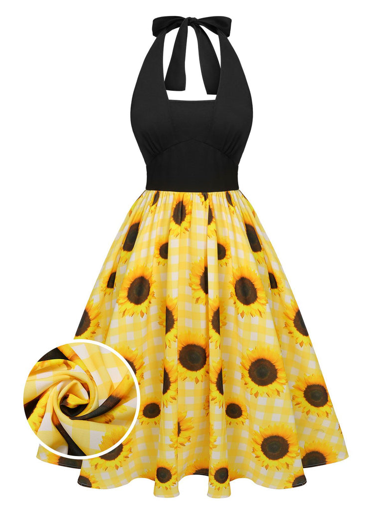 Retro Stage 1950s Sunflower Plaid Halter Dress Yellow Retro Stage 1950s Sunflower Plaid Halter Dress Yellow