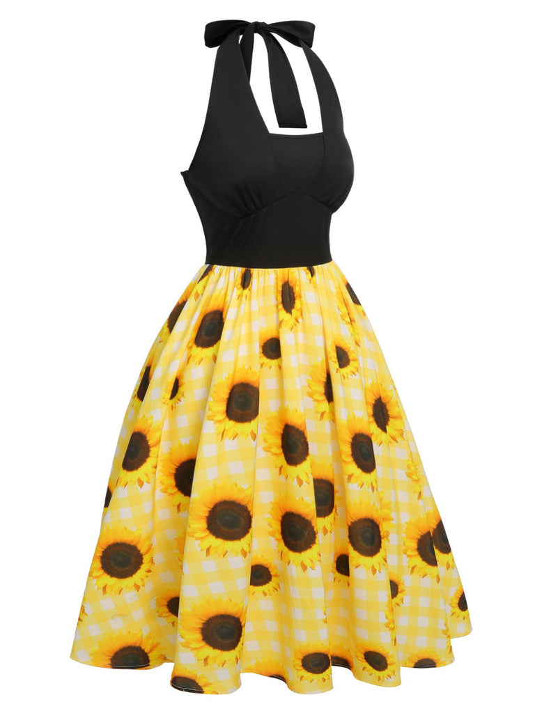Yellow 1950s Sunflower Plaid Halter Dress, vintage dress, retro fashion, rockabilly, pin-up fashion - perfect for women who love vintage and retro fashion