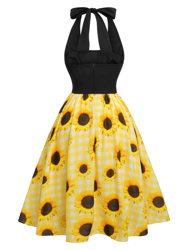 Yellow 1950s Sunflower Plaid Halter Dress, vintage dress, retro fashion, rockabilly, pin-up fashion - perfect for women who love vintage and retro fashion