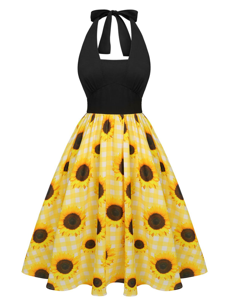 Yellow 1950s Sunflower Plaid Halter Dress | Retro Stage Yellow 1950s Sunflower Plaid Halter Dress | Retro Stage