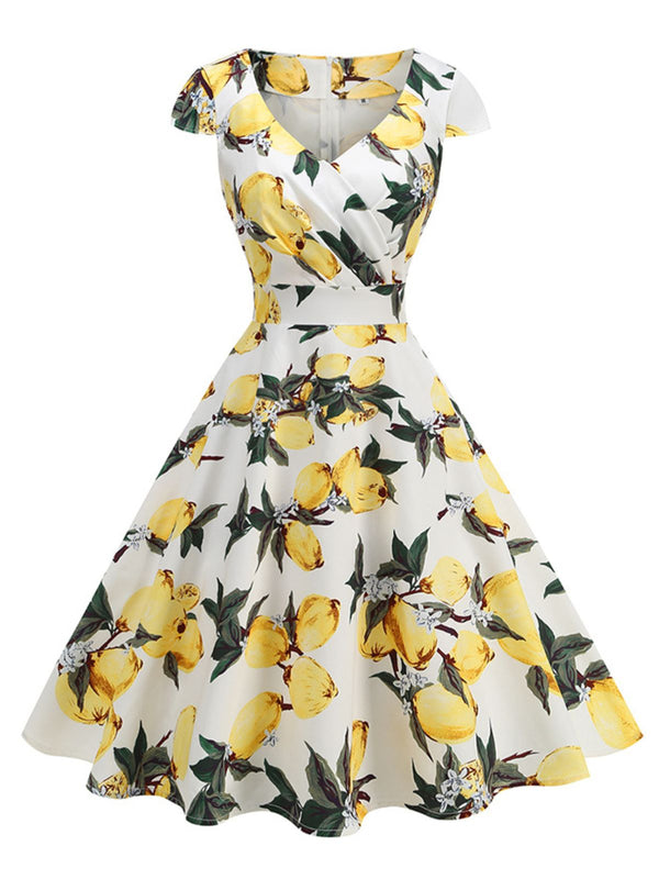 Retro Stage 1950s Lemon Print Surplice V-Neck Swing Dress Yellow